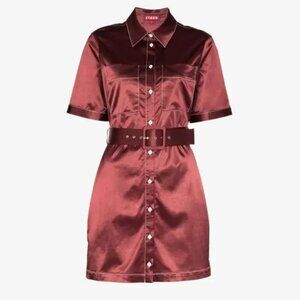 STAUD Bentley Belted Satin Shirt Dress Tawny Port XS
